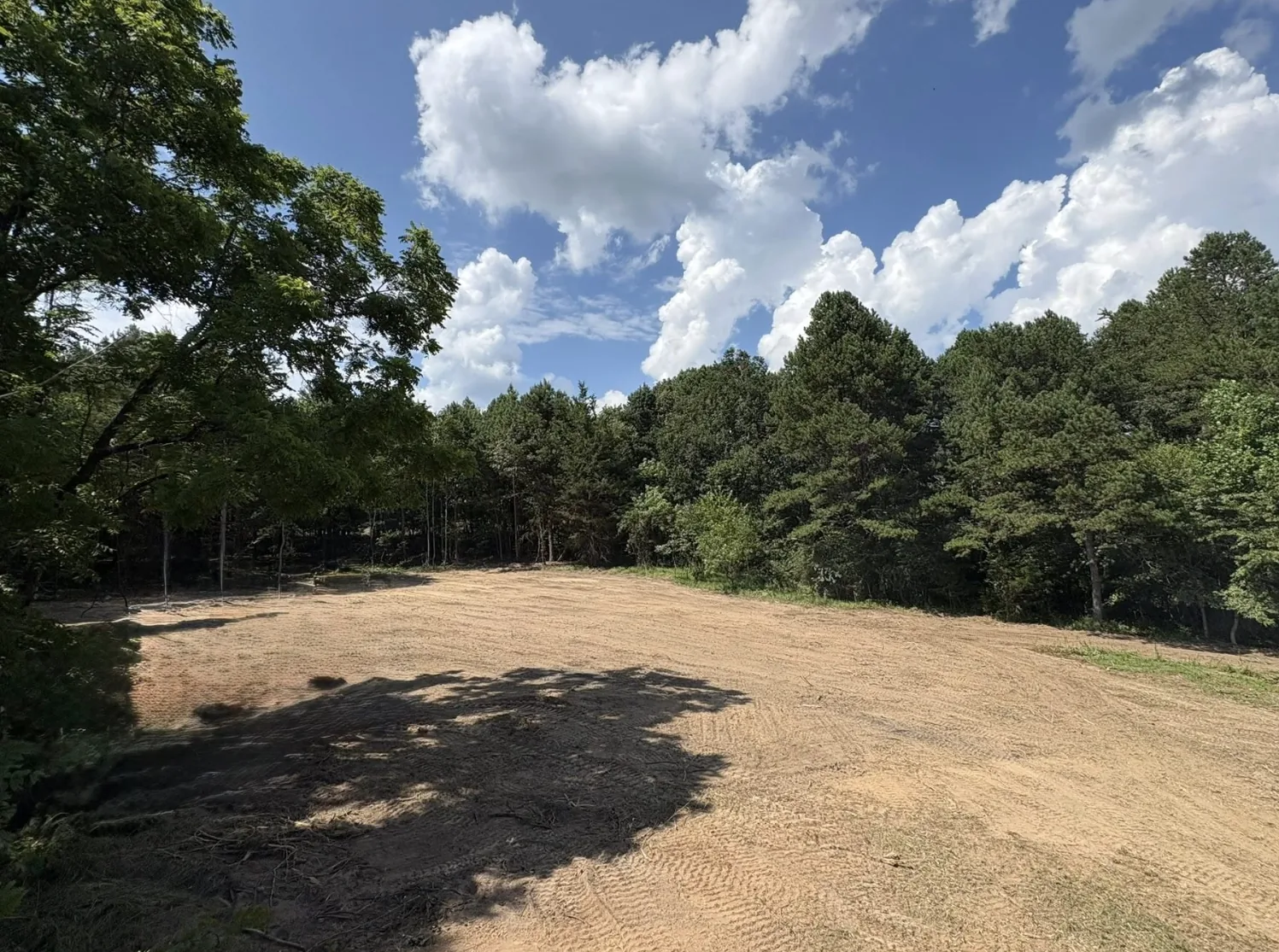 Finished graded field clearing framed by trees