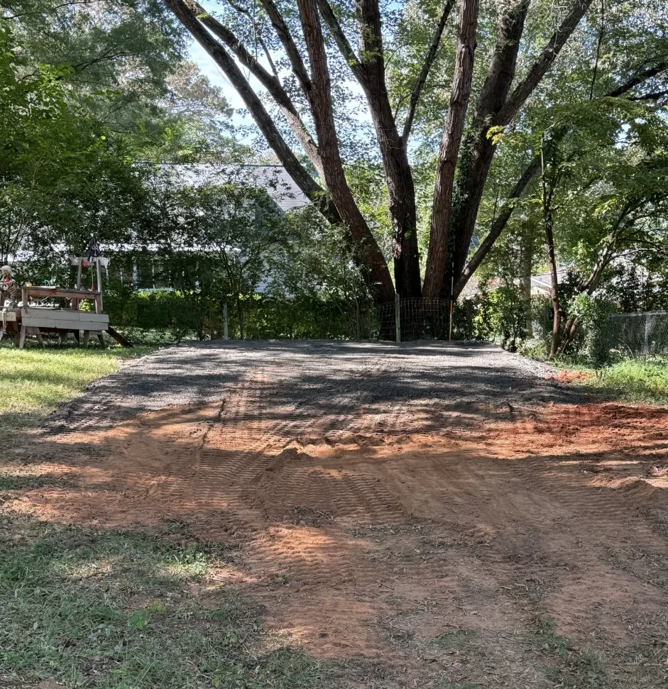 Graded and finished yard among mature trees